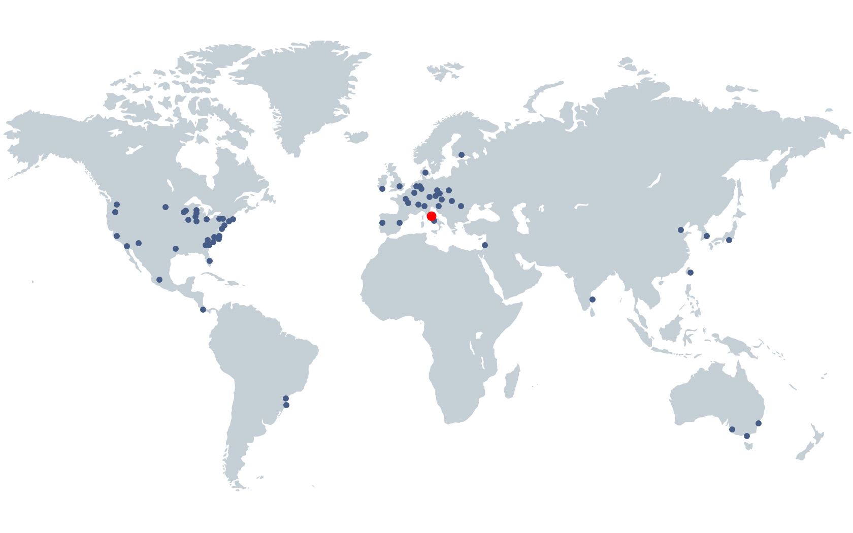 Map displaying the locations of distributors for FlexiBowl, the flexible parts feeder, worldwide